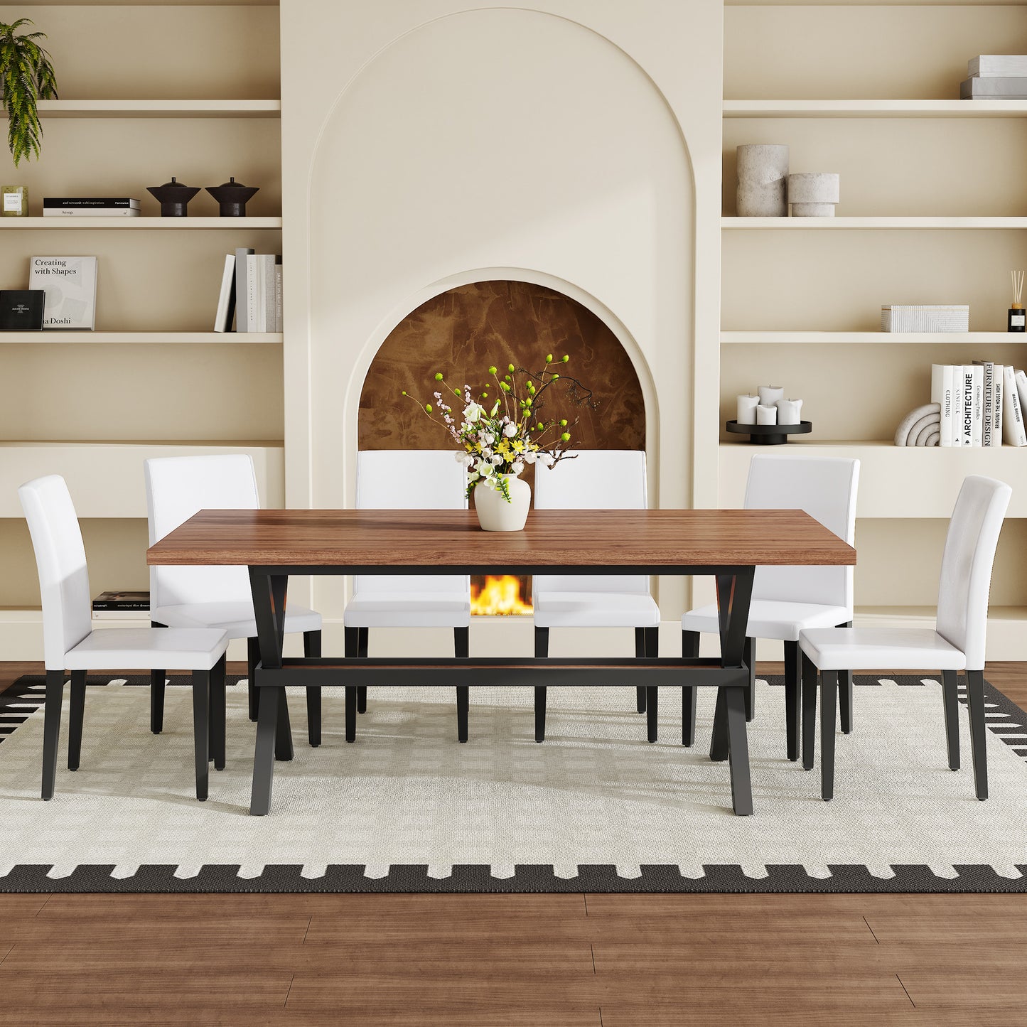 Table and chair set. 71 * 35.4 inch walnut MDF splicing desktop with X-shaped metal frame dining table.Includes 6 white PU dining chairs With Black Metal Legs.Making it an ideal choice for home. image 3