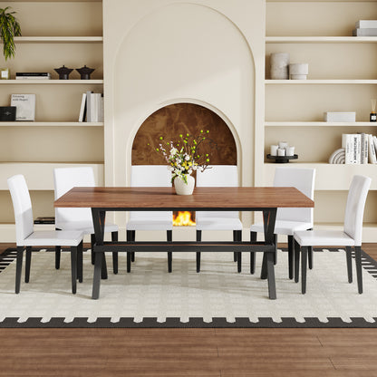 Table and chair set. 71 * 35.4 inch walnut MDF splicing desktop with X-shaped metal frame dining table.Includes 6 white PU dining chairs With Black Metal Legs.Making it an ideal choice for home. image 3