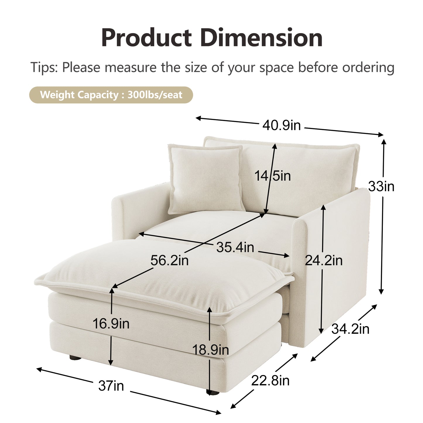 Modern Accent Chair with Ottoman, Living Room Club Chair Chenille Upholstered Armchair, Reading Chair for Bedroom, White image 7