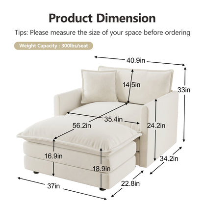 Modern Accent Chair with Ottoman, Living Room Club Chair Chenille Upholstered Armchair, Reading Chair for Bedroom, White image 7