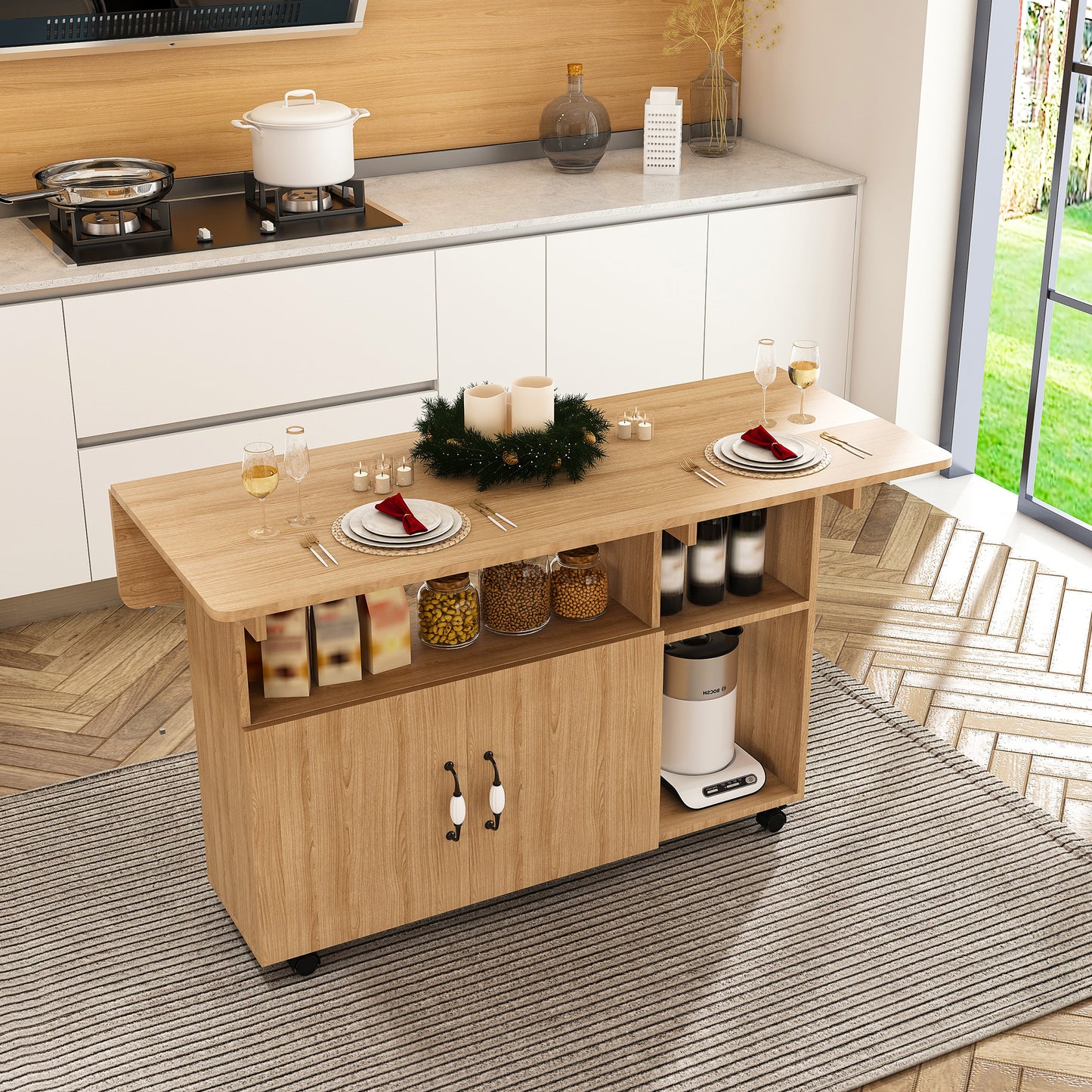 Multi-Functional Folding Table with Storage Shelves and Wheels, 47 Inch Foldable Dining Table for Small Spaces, Compact Desk for Kitchen, Dorm, Office image 6