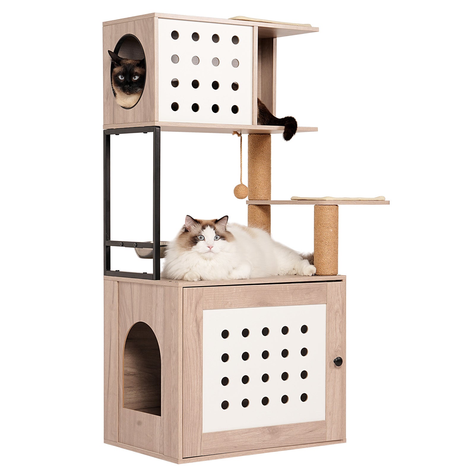 Cat Tree with Litter Box Enclosure, All-in-one Cat Tower for Indoor Cats with Large Hammock, Bed, Food Station, Scratching Posts, Modern Style Pet Furniture, Gray+white image 10
