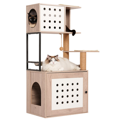 Cat Tree with Litter Box Enclosure, All-in-one Cat Tower for Indoor Cats with Large Hammock, Bed, Food Station, Scratching Posts, Modern Style Pet Furniture, Gray+white image 10