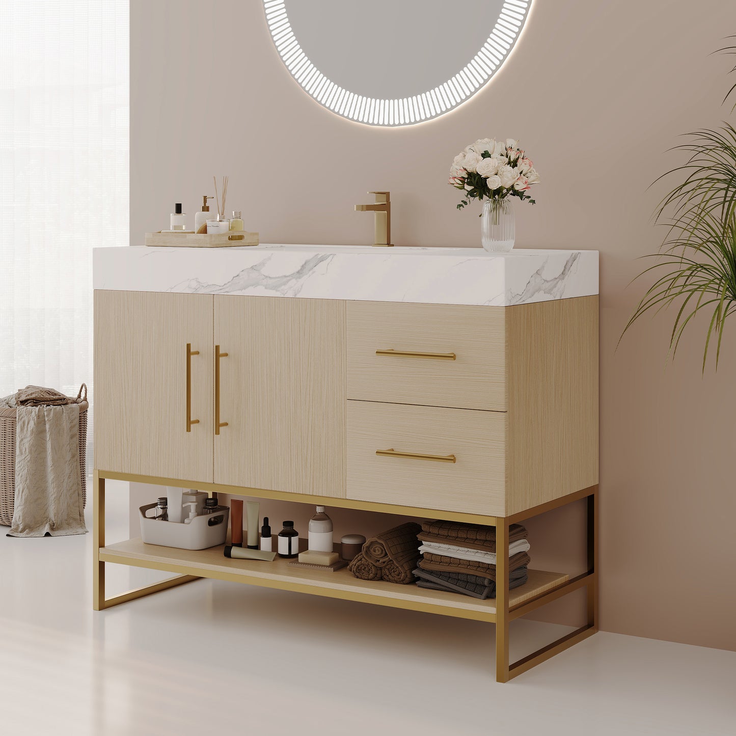 36" Modern Free-Standing Bathroom Vanity with Seamless Ceramic Sink & Sintered Stone Top image 5