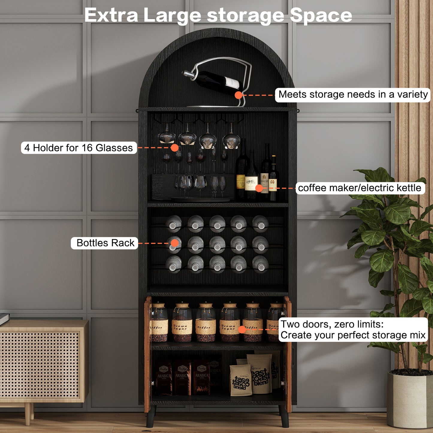 71"Farmhouse Arched Wine Bar Cabinet: tall arched display cabinet, arch black cabinets &coffee bar, whiskey station with wine rack and Wine Glass Holder - Liquor Bars Cabinet for Living Dining Room image 5