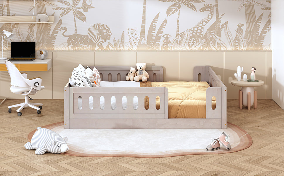 Wood Full Size Platform Bed with Guardrail, Natural image 9