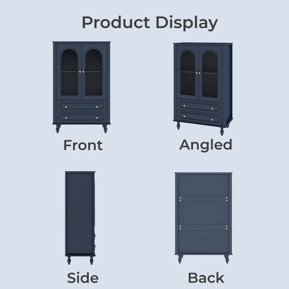46.5'' Glass Display Cabinet with Ribbed Glass Doors,Wooden Curio Cabinet with 2 Drawers & Adjustable Shelf, Freestanding Buffet Cabinet Unit for Living Room Dining Room, Navy Blue image 10