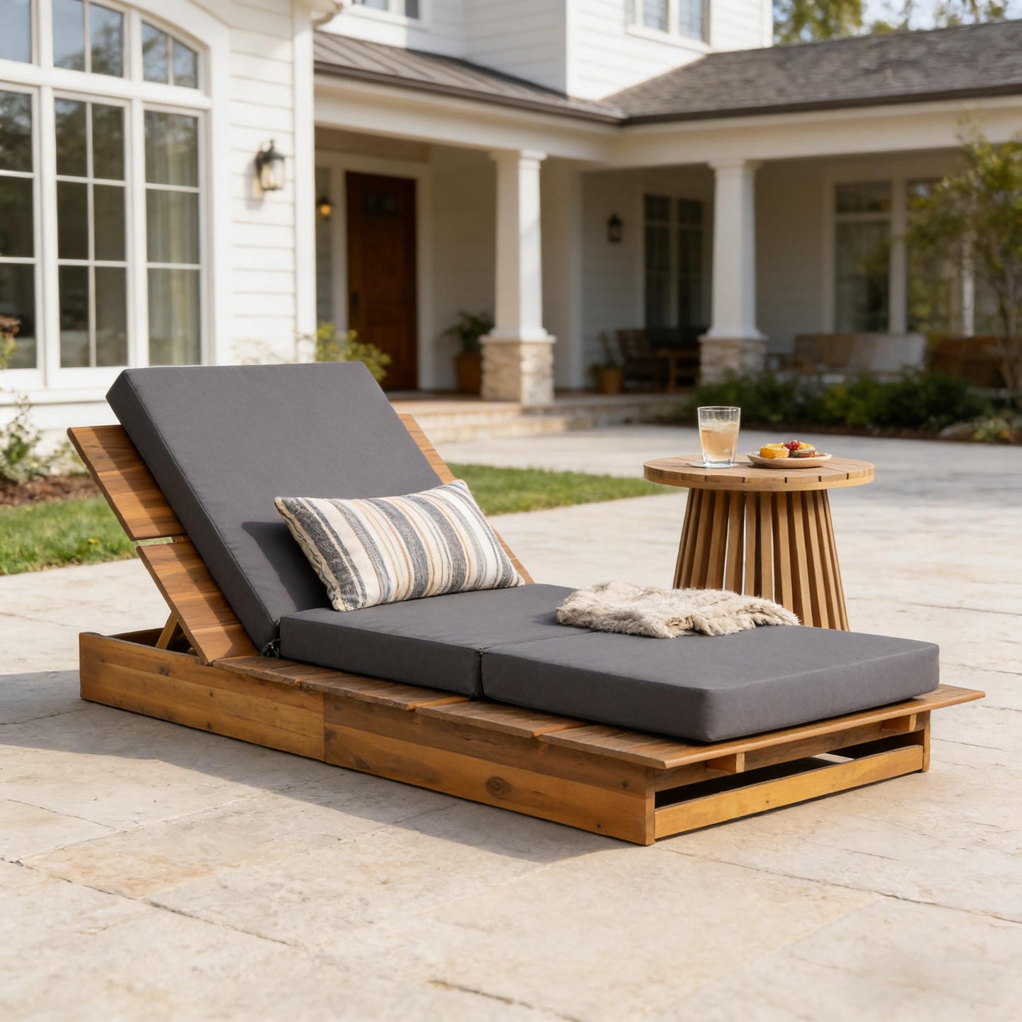 Acacia Wood Chaise Lounge with 4" Thick 3-Fold Dark Gray Movable Cushion – Wide Teak Finish Patio Lounger, 3-Position Recliner, 400 lbs Capacity image 3
