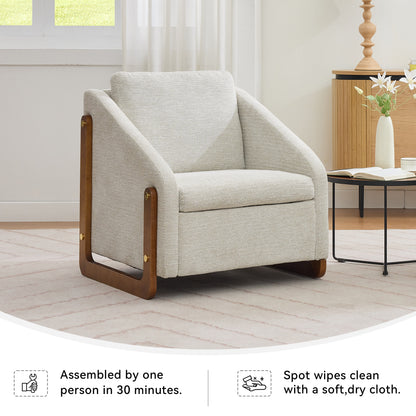 057-Set of 1 Chenille Fabric Modern Upholstered Armchair with Wooden Side Frame, Accent Leisure Chair with Cushioned Seat and Backrest for Living Room, Bedroom,Beige image 6