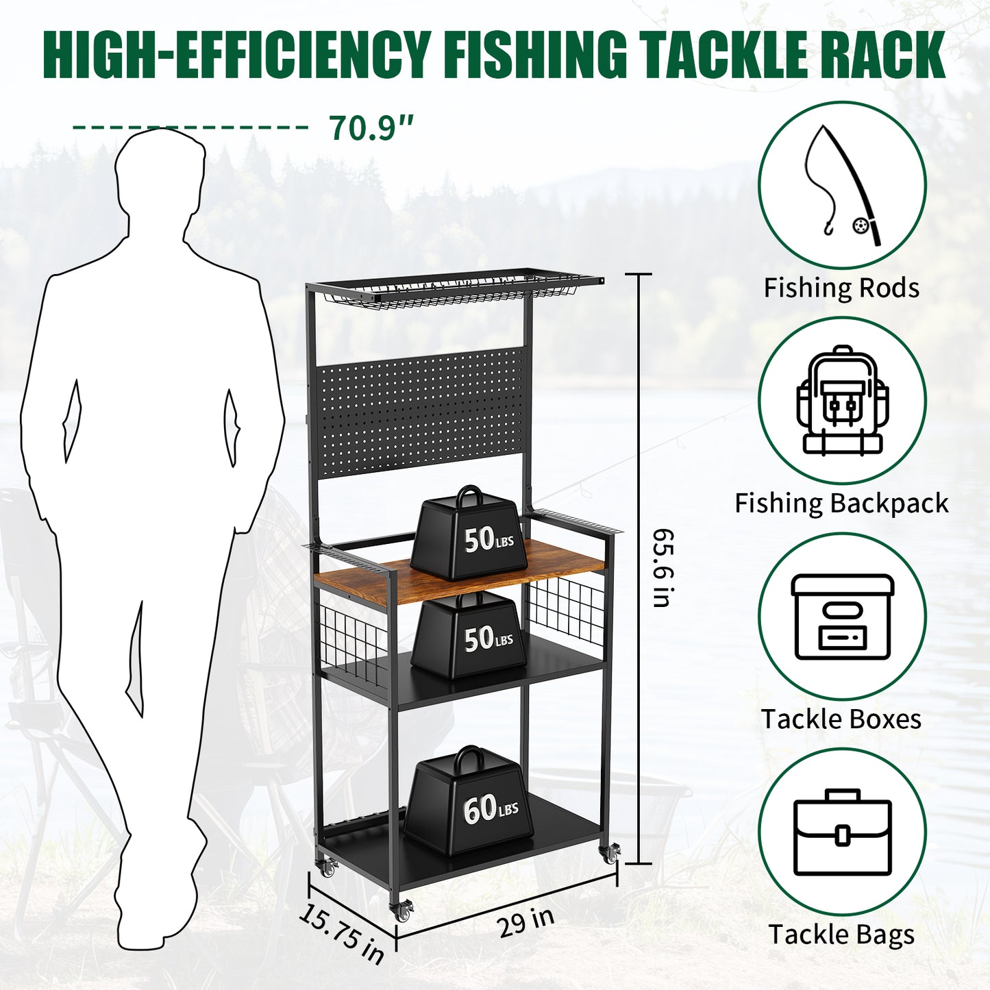Fishing Rod Storage Rack with Pegboard, Rolling Tackle Organizer Cart, Multi-Tier Fishing Gear Stand for Rods, Reels, Tackle Boxes & Bags, Heavy Duty Metal Holders with Lockable Wheels image 2