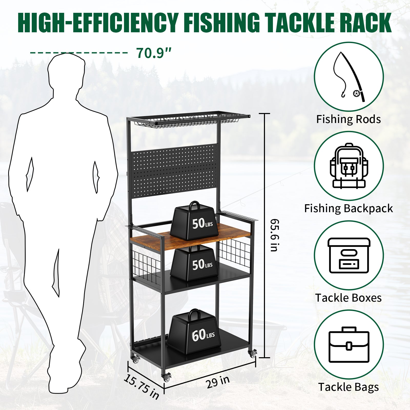 Fishing Rod Storage Rack with Pegboard, Rolling Tackle Organizer Cart, Multi-Tier Fishing Gear Stand for Rods, Reels, Tackle Boxes & Bags, Heavy Duty Metal Holders with Lockable Wheels image 2
