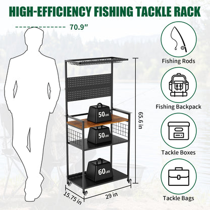 Fishing Rod Storage Rack with Pegboard, Rolling Tackle Organizer Cart, Multi-Tier Fishing Gear Stand for Rods, Reels, Tackle Boxes & Bags, Heavy Duty Metal Holders with Lockable Wheels image 2