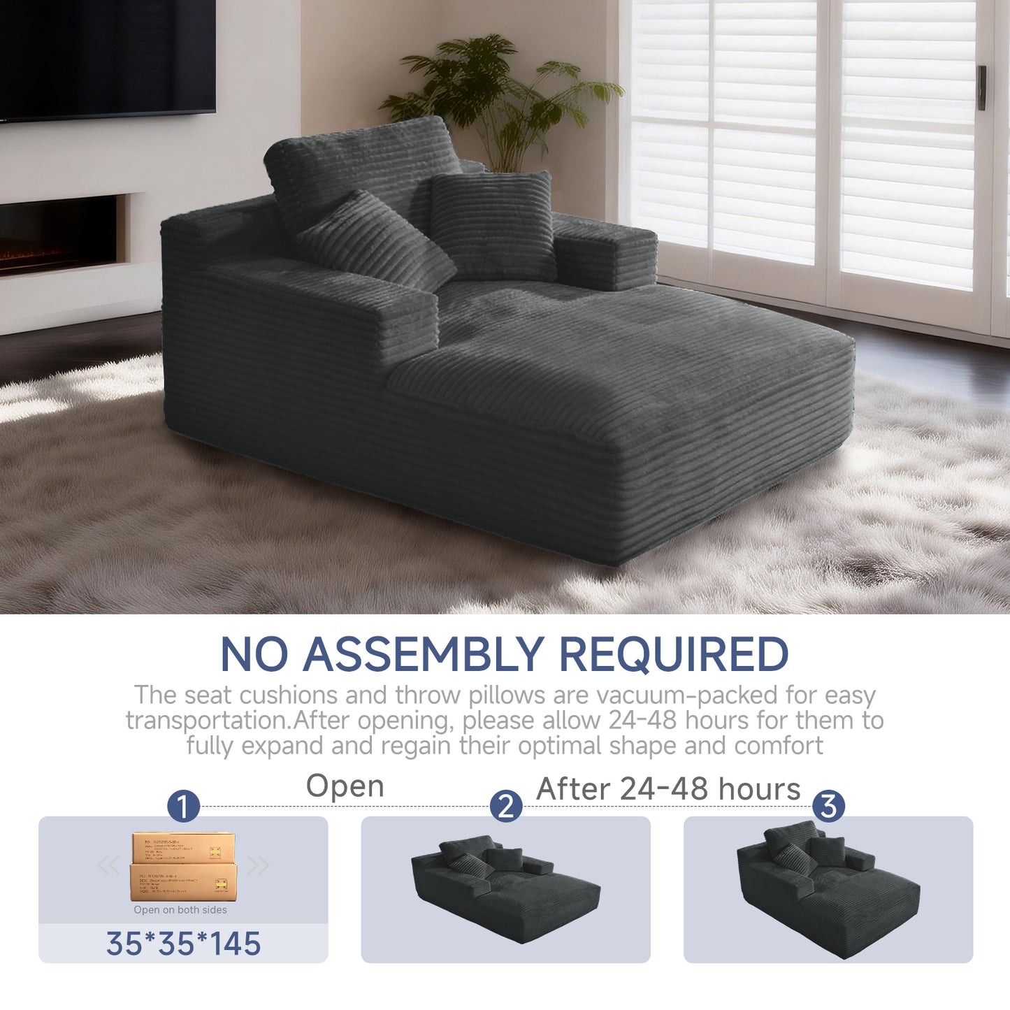Chaise Lounges,Dark Grey Striped Corduroy Oversized Chaise Sofa, Vacuum Compression Armless Single Lounge Chair with Pillows image 4