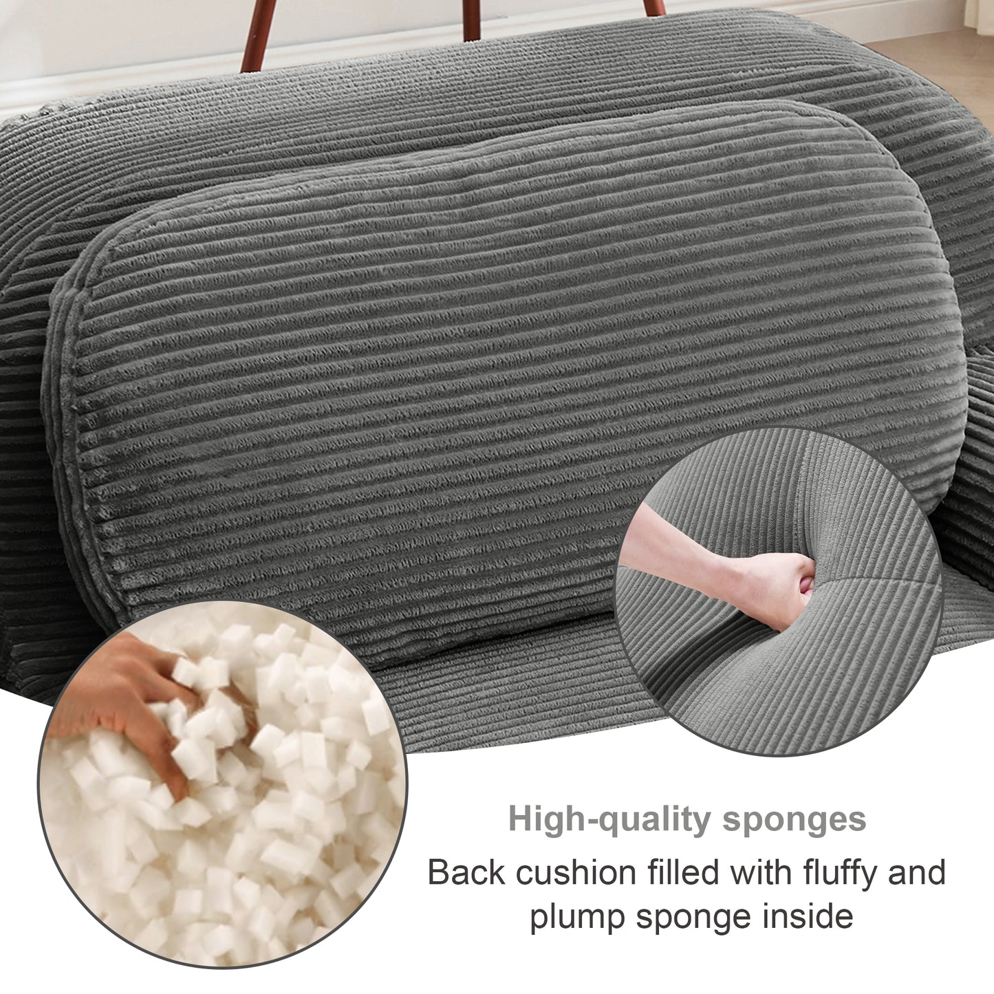 L-shaped modular sofa no assembly ergonomic design pet-friendly luxuryCorduroy Fabric fabric extra-wide curved armrests 32D high-resilience sponge for living rooms bedroom,Grey image 7