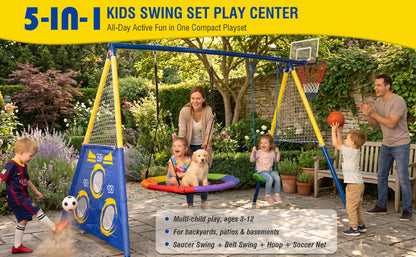 5-in-1 Kids Swing Set with Saucer Swing, Belt Swing, Basketball Hoop & Soccer Goal, Heavy Duty Metal Frame Backyard Playground for Toddlers & Kids Ages 3-10 image 6