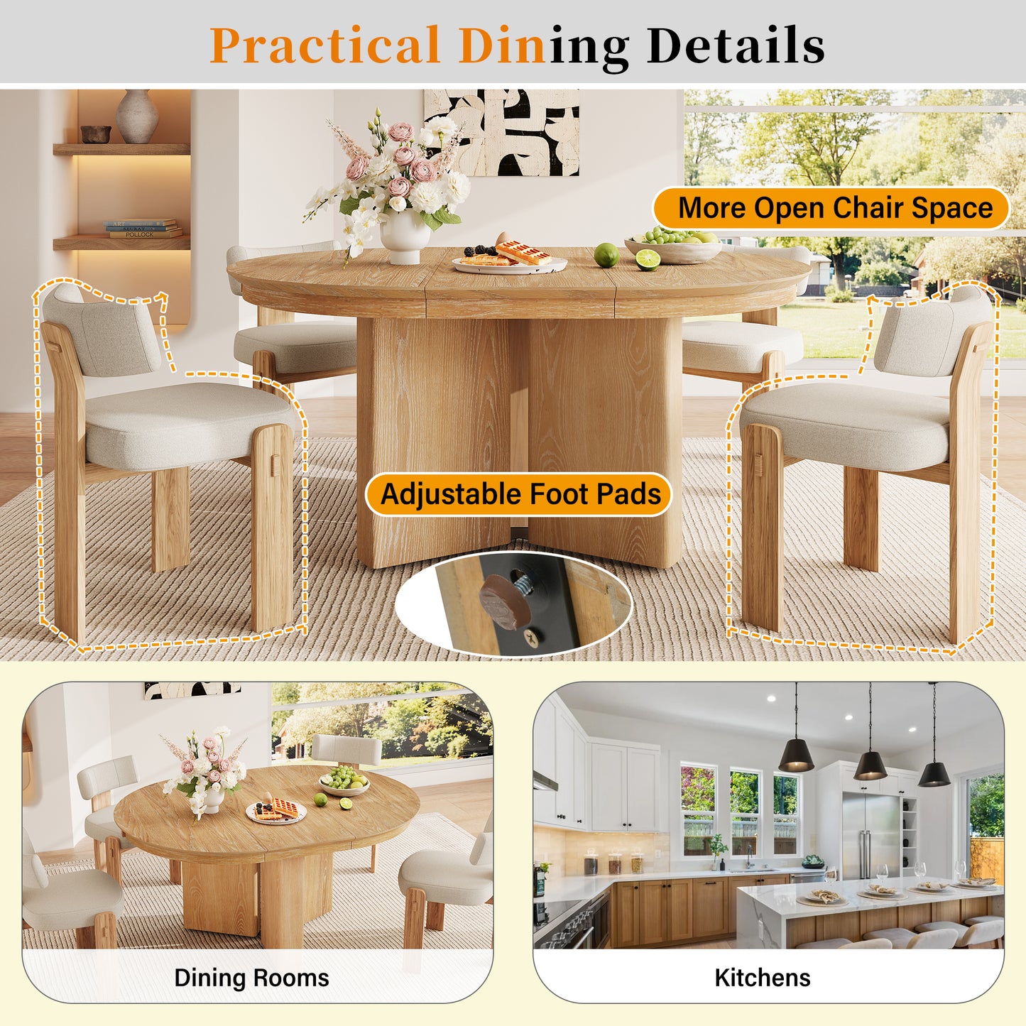 TREXM Oval Extendable Dining Table, Modern Farmhouse Kitchen Table with Pedestal Base and Adjustable Foot Pads for Dining Room, Kitchen (Natural) image 9
