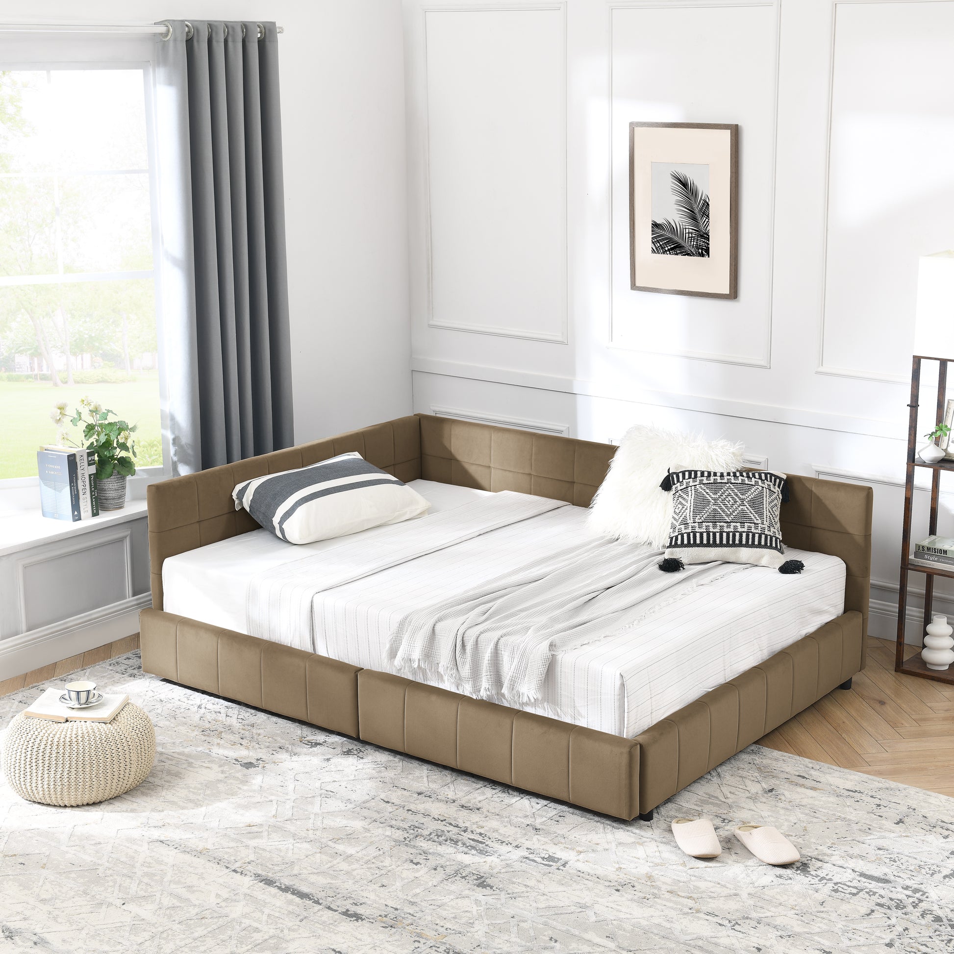Full Size Storage Upholstered Tufted Bed Frame, Sofa Bed Frame with Comfortable Backrest and Armrests, Full Size Bed for Bedroom, Living Room,Velvet, BROWN(80.5''*59''*29.5'') image 6