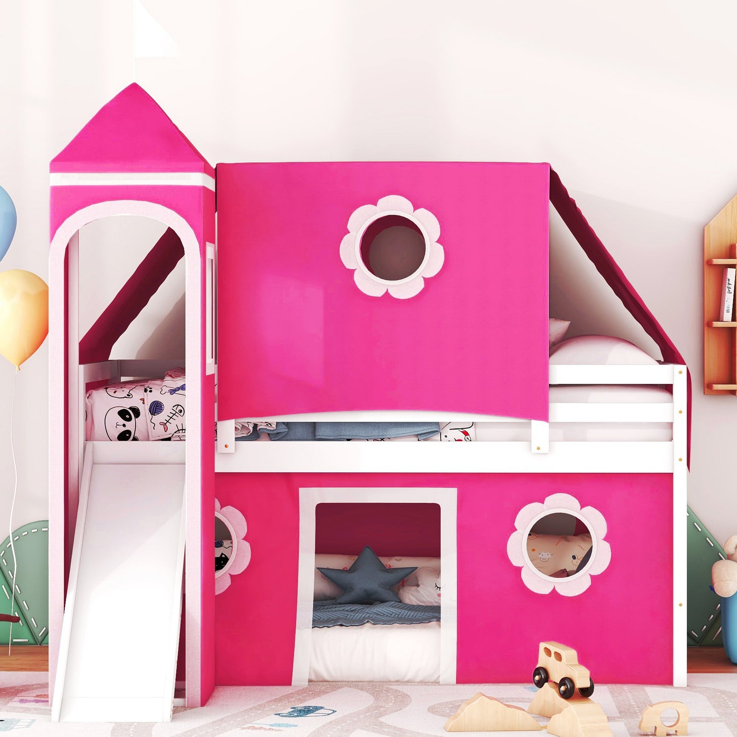 Twin Size Loft Bed with Slide Pink Tent and Tower - Pink(OLD SKU:N708P249511H) image 2