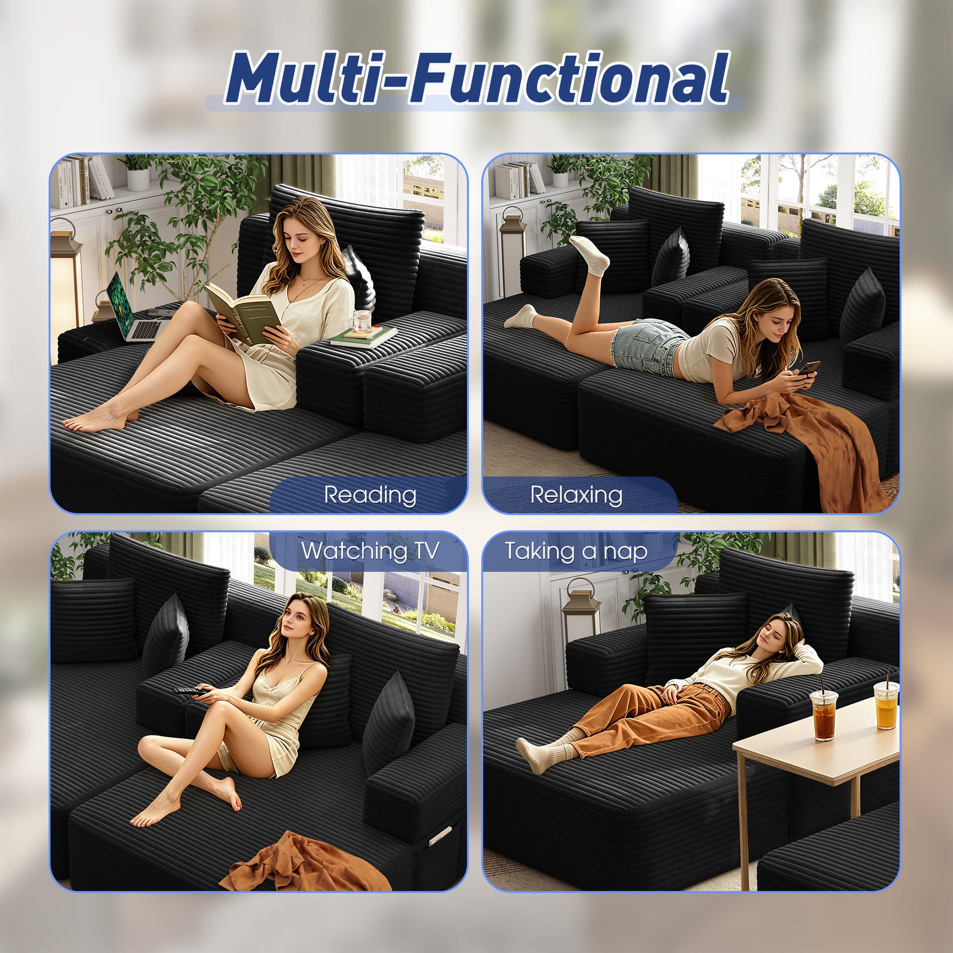 Oversized Double Chaise Lounge 2-Piece Set, Luxurious Plush Corduroy Convertible Sofa Bed with 6 Pillows and Storage Pocket, for Small Spaces,Home Theater, Living Room, Black image 10