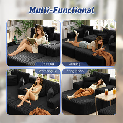 Oversized Double Chaise Lounge 2-Piece Set, Luxurious Plush Corduroy Convertible Sofa Bed with 6 Pillows and Storage Pocket, for Small Spaces,Home Theater, Living Room, Black image 10