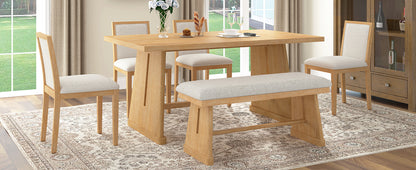 TREXM 6-Piece Rustic Farmhouse Dining Table Set with Wire Brushed Design, Rectangular Dining Table with Trapezoid Legs, 4 Upholstered Linen Chairs & 1 Padded Bench for Dining Room & Kitchen (Natural) image 6