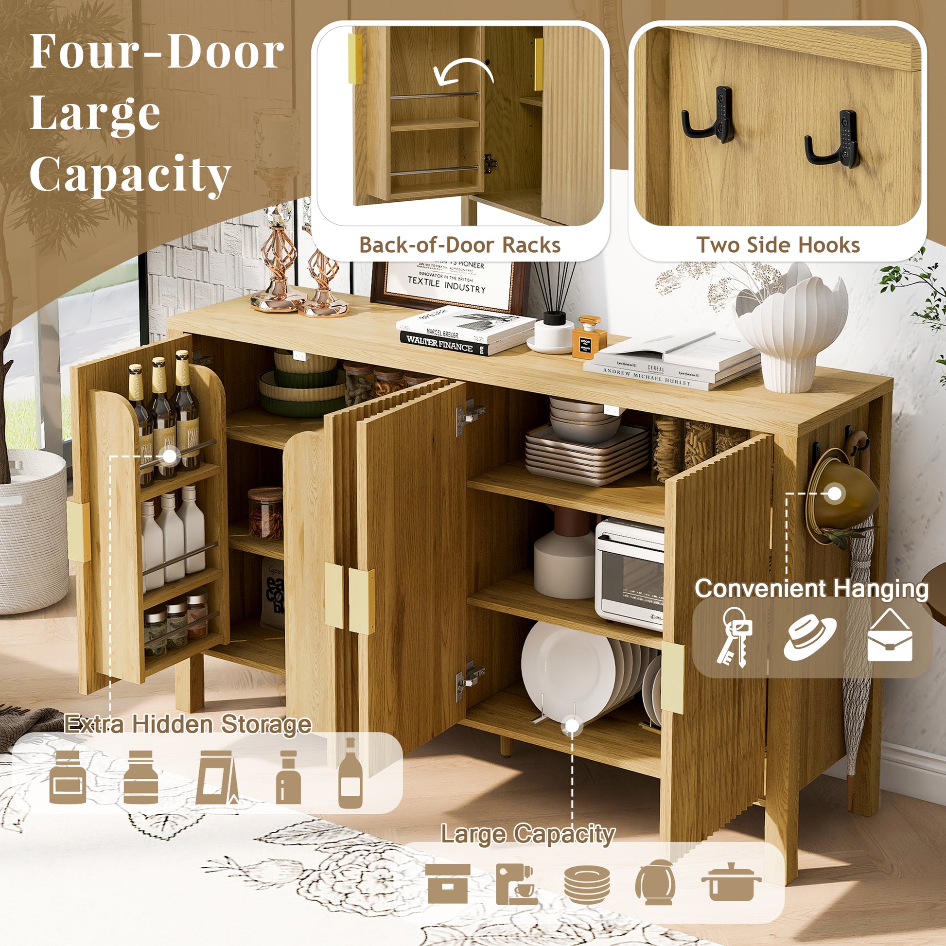 U_STYLE Modern 57.5" Stripe Door Storage Cabinet, 4-Door Sideboard with Back-of-Door Storage Racks & Side Hooks, Adjustable Shelves, MDF Cabinet with Aluminum Handles for Living Room, Dining Room image 4