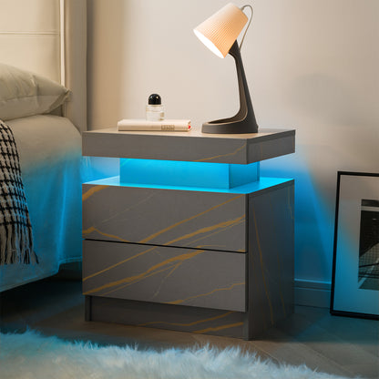 Nightstand LED Bedside Table Cabinet Lights Modern End Side with 2 Drawers for Bedroom (Grey Gold) image 5
