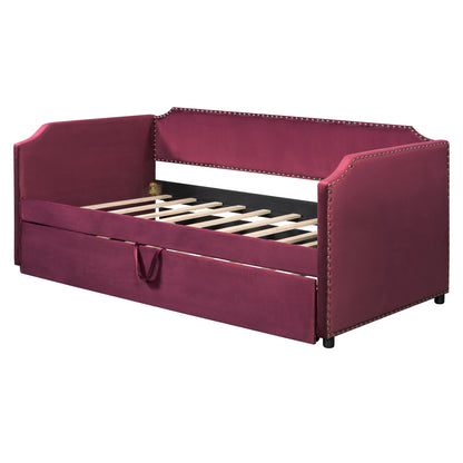 Twin Size Velvet Upholstered Daybed with Pop Up Trundle, Wine Red image 4