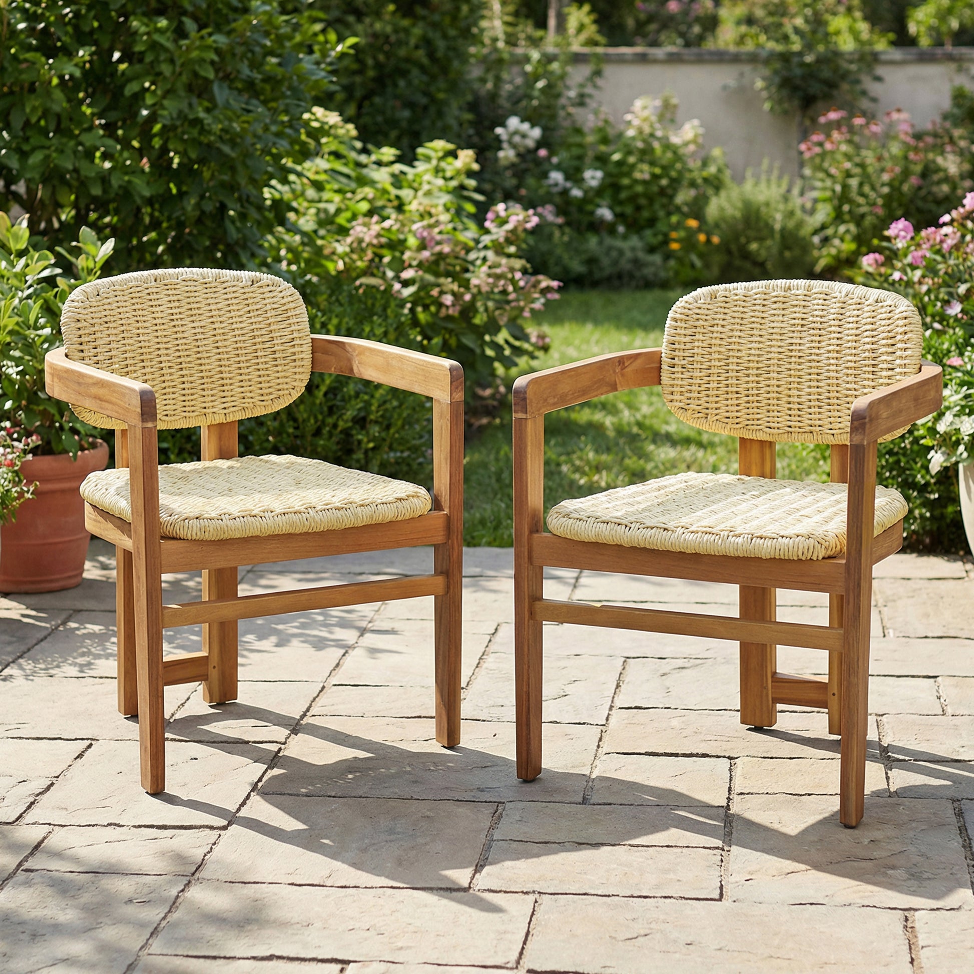 Outdoor Woven Rattan Chair Set Two Accent Chairs Stylish Outdoor Armchairs 2 Person Seating Group Ergonomic Garden Chairs for Patio, Outdoor, Teak Finish+Natural Rattan image 1