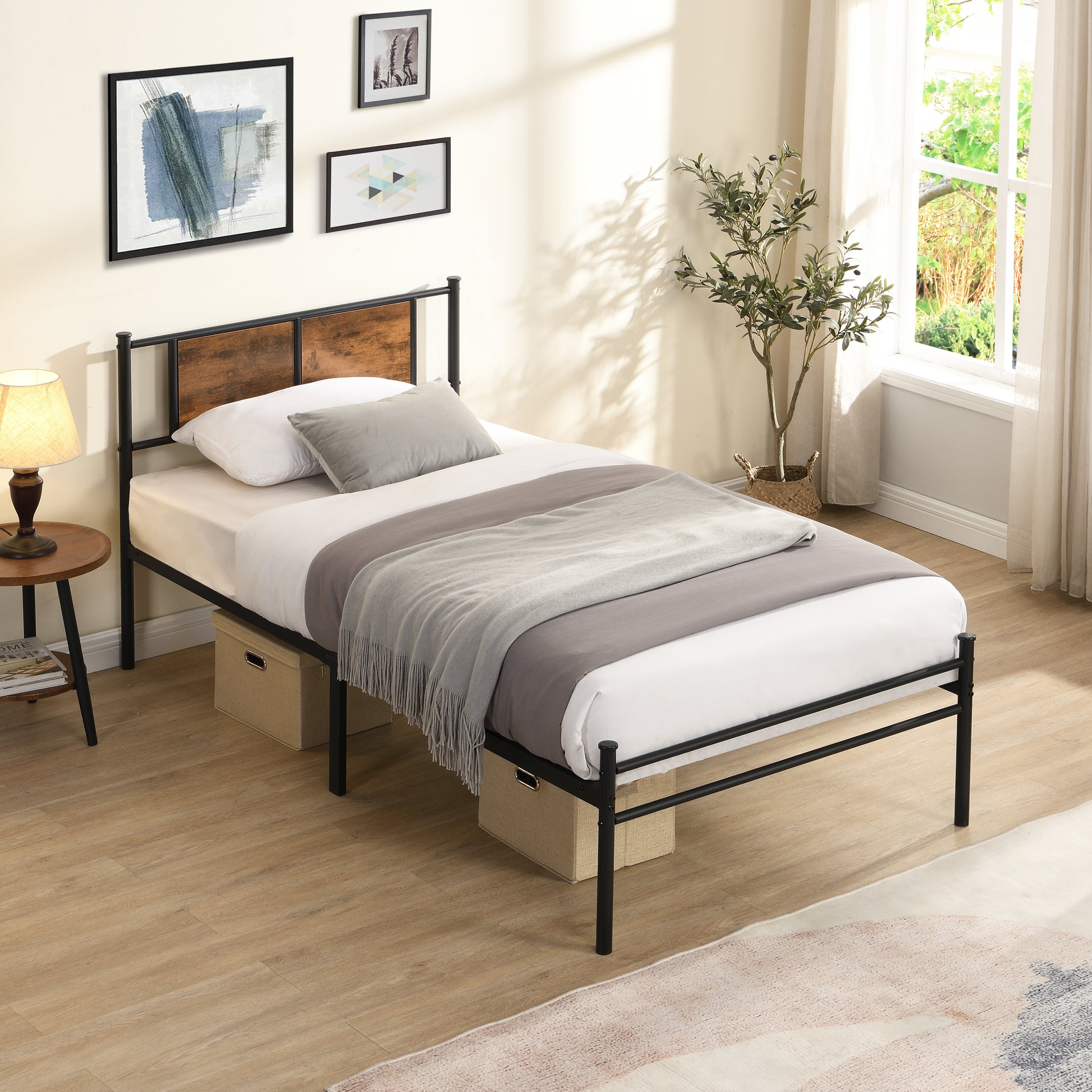 Twin Size metal bedframe,Headboard with wood panel decoration,black image 3