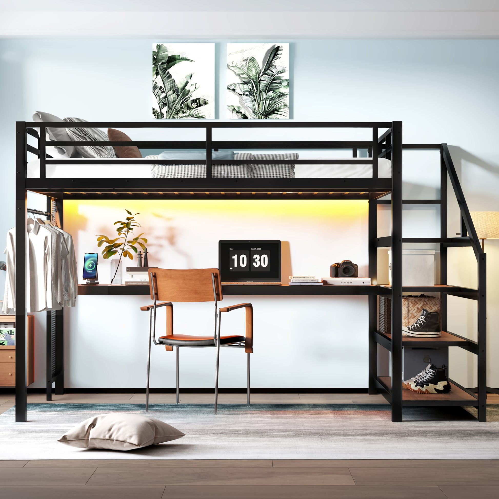 Queen Loft Bed with Desk and Storage Stairs, Metal Loft Beds with LED Lights, USB Ports, Multifunctional Iron Nets, No Spring Box Needed and Noise-free, Black image 4