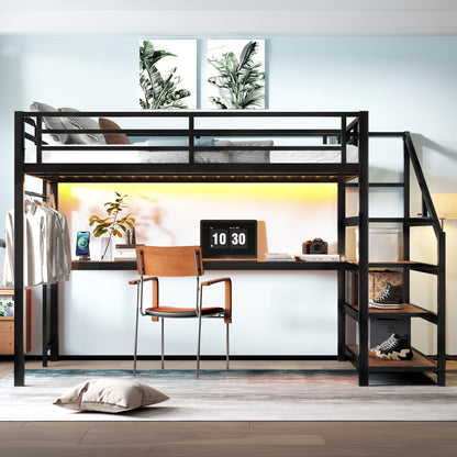 Queen Loft Bed with Desk and Storage Stairs, Metal Loft Beds with LED Lights, USB Ports, Multifunctional Iron Nets, No Spring Box Needed and Noise-free, Black image 4