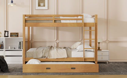 Wood Queen Size Bunk Bed with Ladder and Trundle, Wood Color image 5