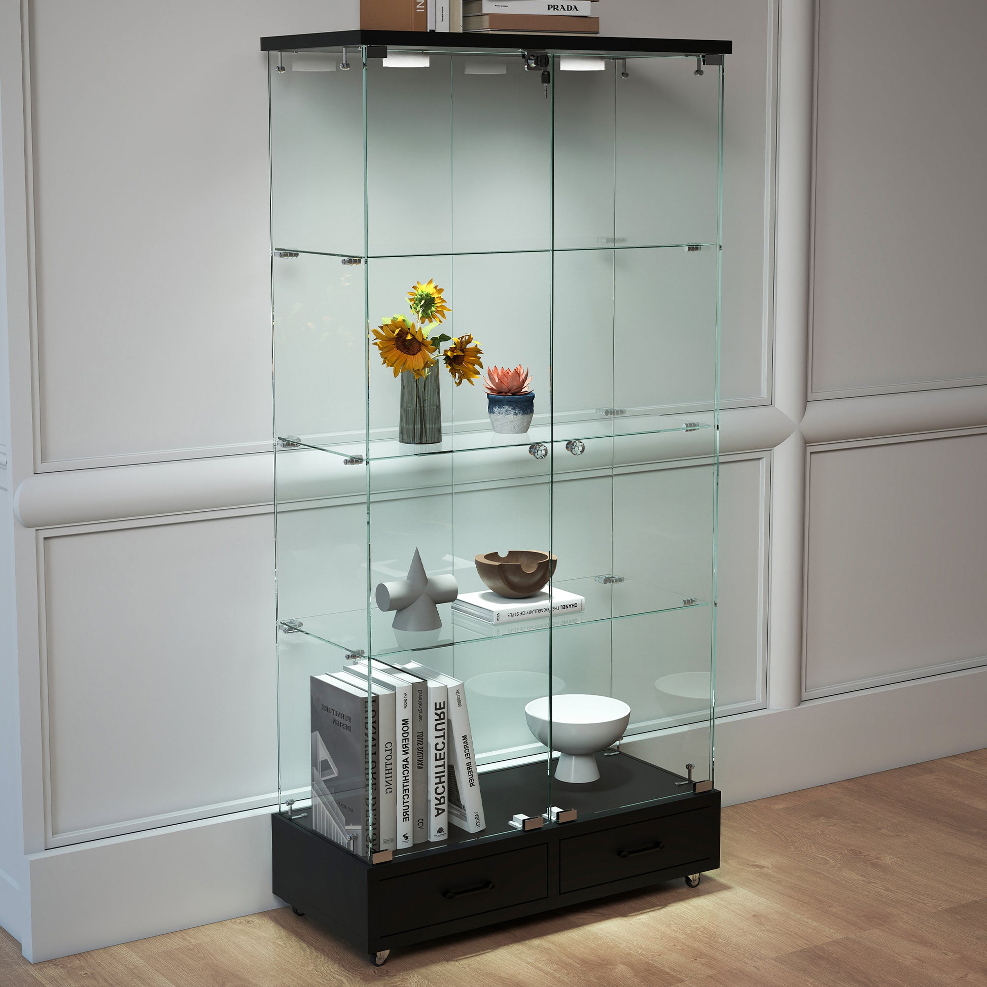 Modern Glass Display Cabinet with 2 Large Drawers, Quick-assembly Antique Cabinet with LED lights, Tempered Glass Bookshelf, 2-Door Storage Case with 4 Shelves for Living Room and Bedroom, black image 9
