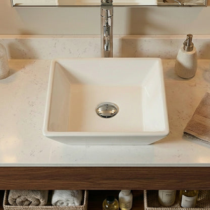 Square Ceramic Basin White Vessel Sink for Bathroom Vanity,16"X16" Beveled Porcelain Sink w/Faucet&Pop Up Drain image 3