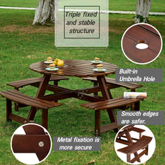 8-Person Outdoor Round Picnic Table Set with 4 Built-in Benches & Umbrella Hole - Perfect for Garden, Backyard, Porch & Patio - Brown Wood
