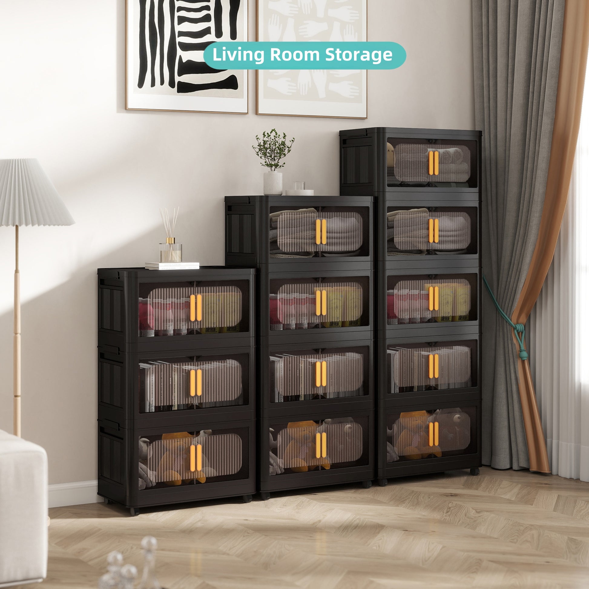 Black,20" Side Wide Folding Storage Cabinet,4 Tiers,19.69"×11.81"×40.55",Collapsible Storage Bins with Magnetic Door, Plastic Storage Cabinet with Wheels image 12