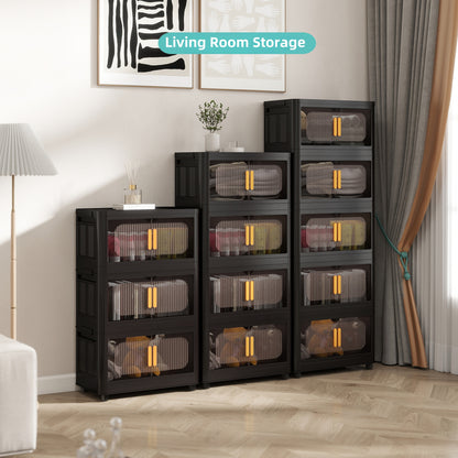 Black,20" Side Wide Folding Storage Cabinet,4 Tiers,19.69"×11.81"×40.55",Collapsible Storage Bins with Magnetic Door, Plastic Storage Cabinet with Wheels image 12
