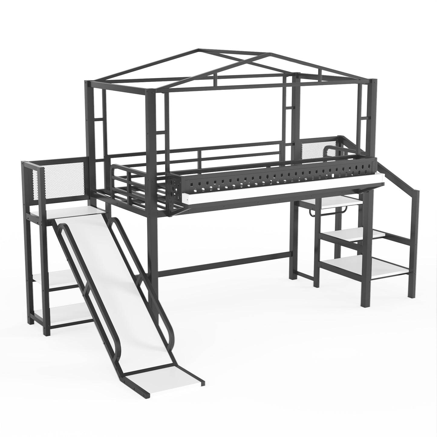 Twin Size Loft Bed with Storage Stairs, Shelves and Built-in Wardrobe, Metal Loft Bed Frame with USB Ports and LED Lights, Noise-reduced Design, Black image 9