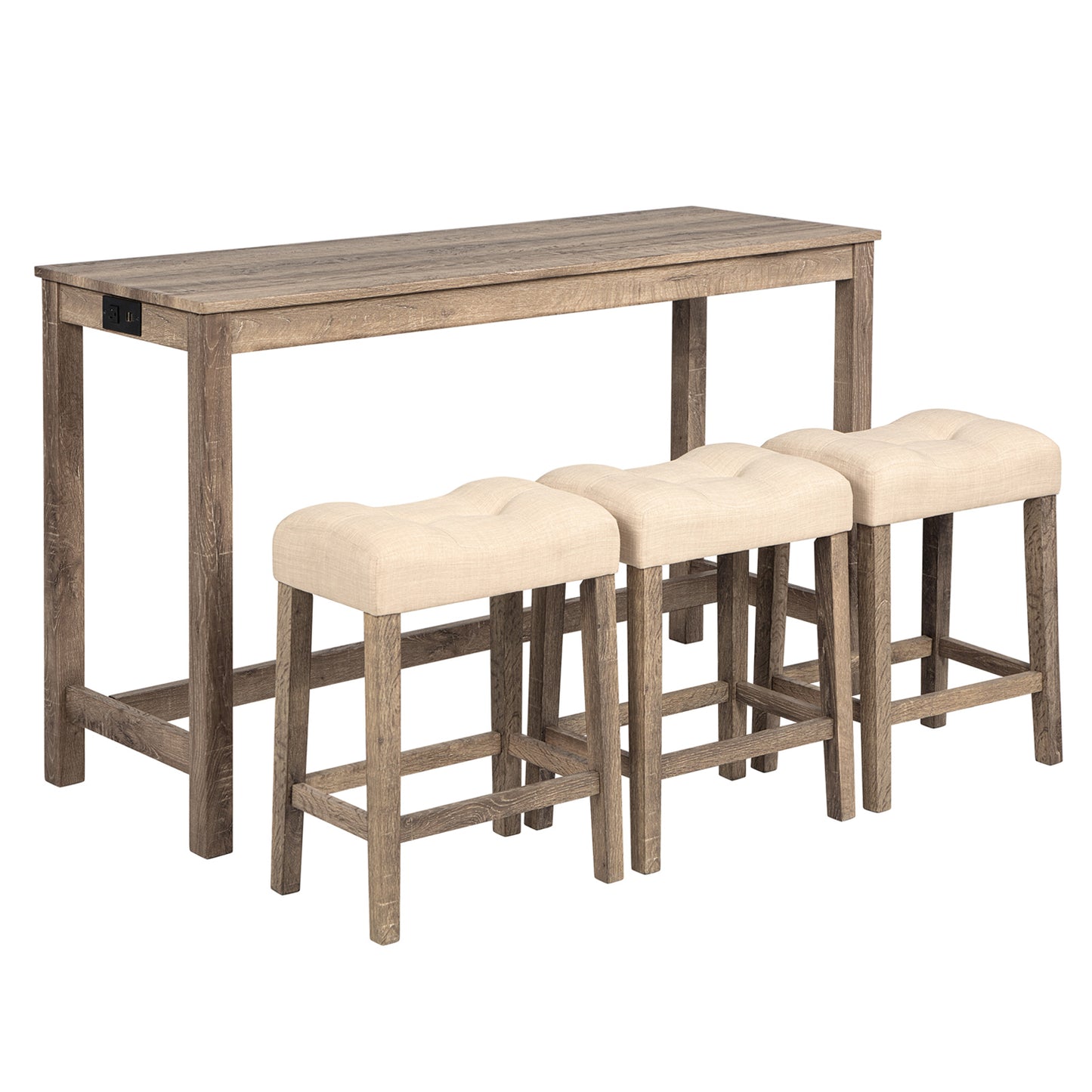 4-Piece Bar Table Set with Power Outlet, Dining Bar Table and Chairs Set,Bar Table Set with 3 Padded Stools for Living Room, Dining Room, Game Room, Brown image 9