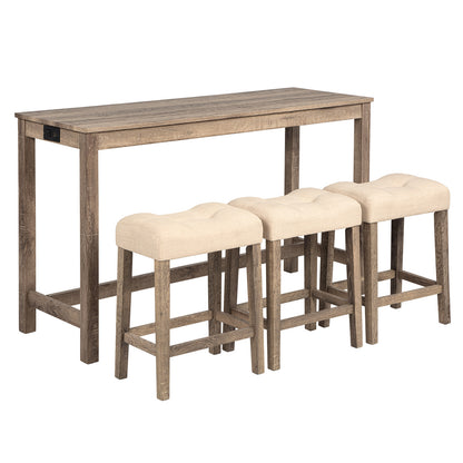 4-Piece Bar Table Set with Power Outlet, Dining Bar Table and Chairs Set,Bar Table Set with 3 Padded Stools for Living Room, Dining Room, Game Room, Brown image 9