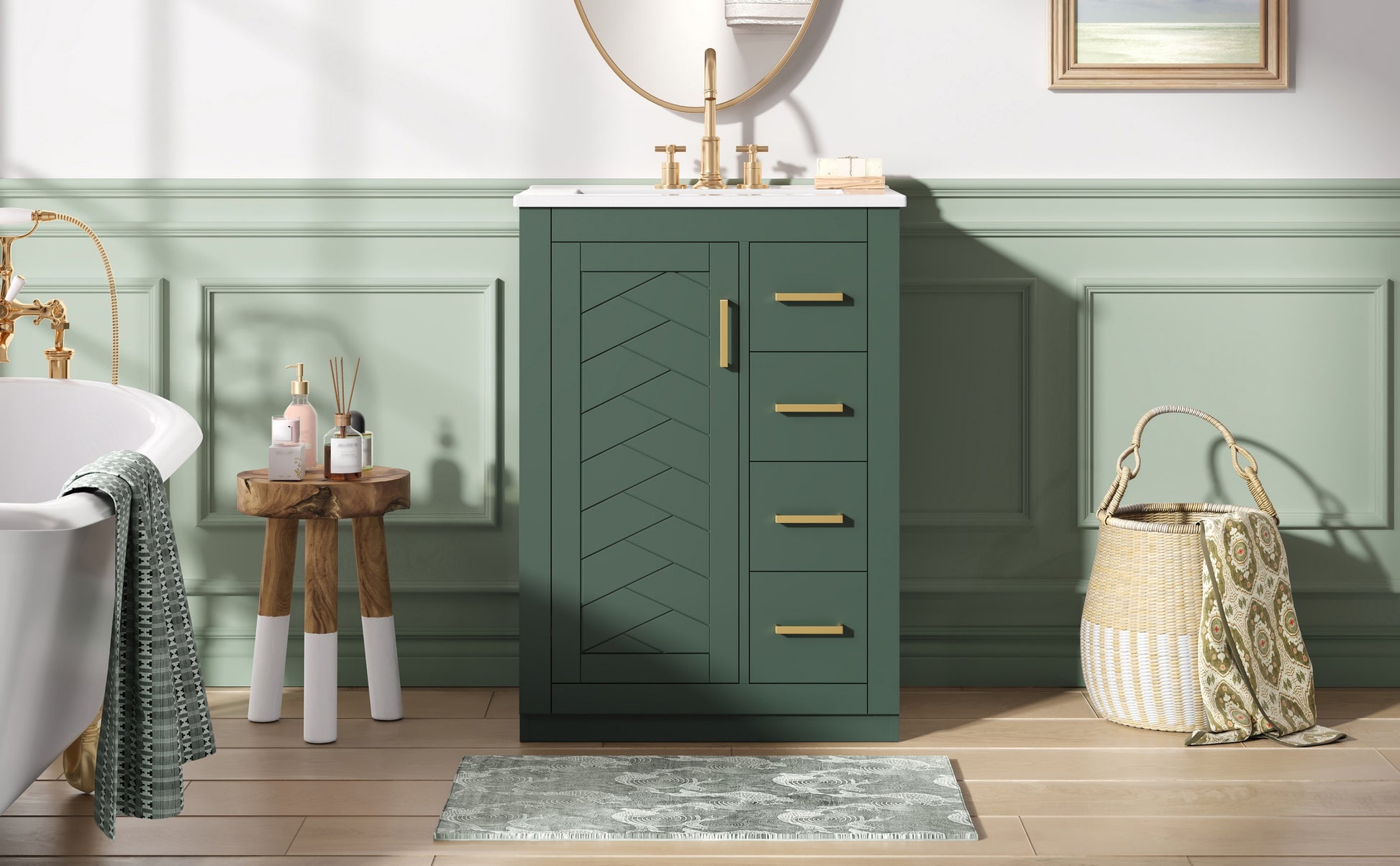 24" Bathroom Vanity with Integrated Ceramic Sink, Bathroom Cabinet with 1 Door, 3 Drawers, Single Sink Bathroom Vanity for Small and Medium Restroom, Green image 10