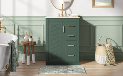 24" Bathroom Vanity with Integrated Ceramic Sink, Bathroom Cabinet with 1 Door, 3 Drawers, Single Sink Bathroom Vanity for Small and Medium Restroom, Green image 10