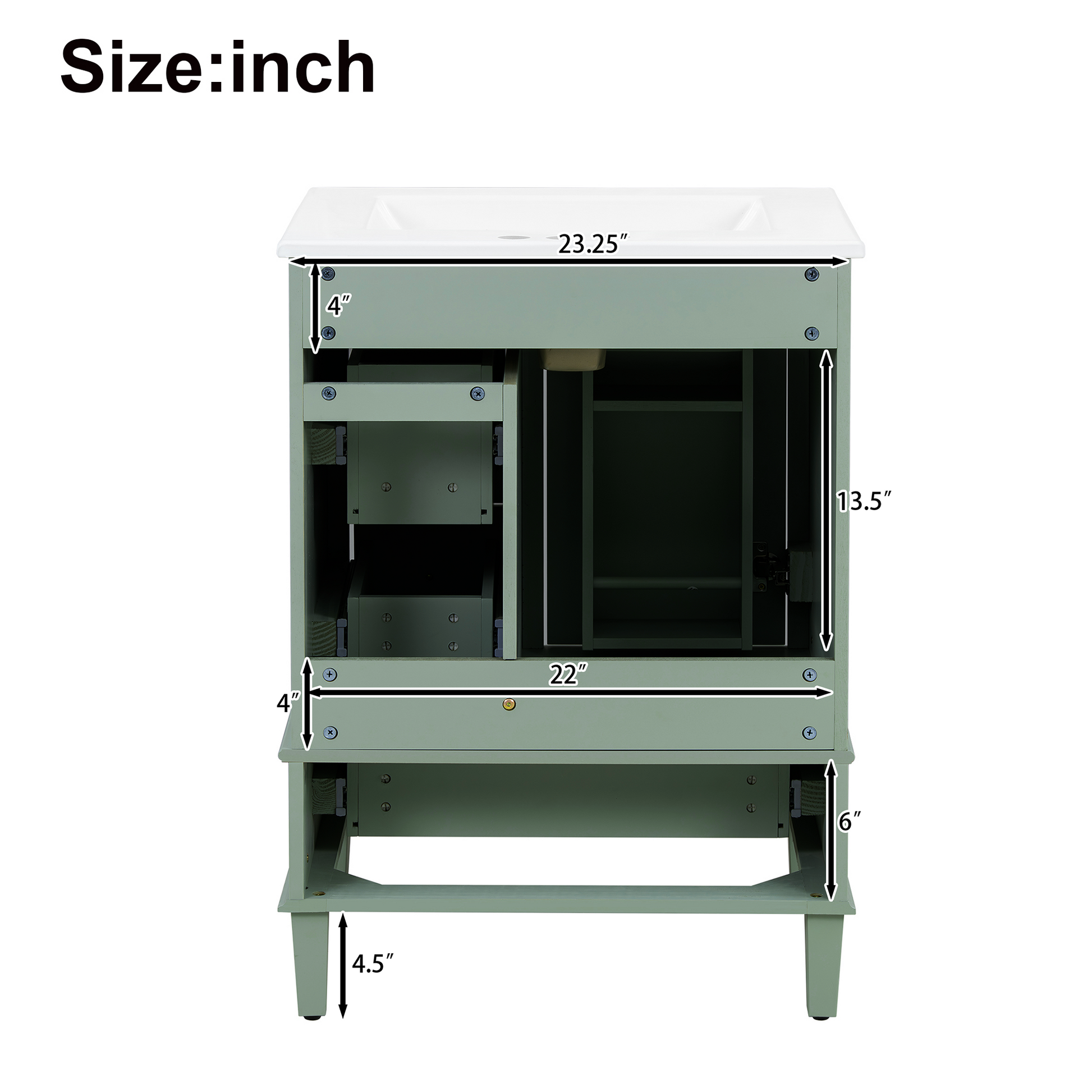 24-inch light green bathroom vanity with an integrated ceramic basin, featuring a door-mounted double-layer shelf, soft-close drawers, and a soft-close cabinet door image 10