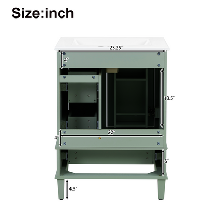 24-inch light green bathroom vanity with an integrated ceramic basin, featuring a door-mounted double-layer shelf, soft-close drawers, and a soft-close cabinet door image 10
