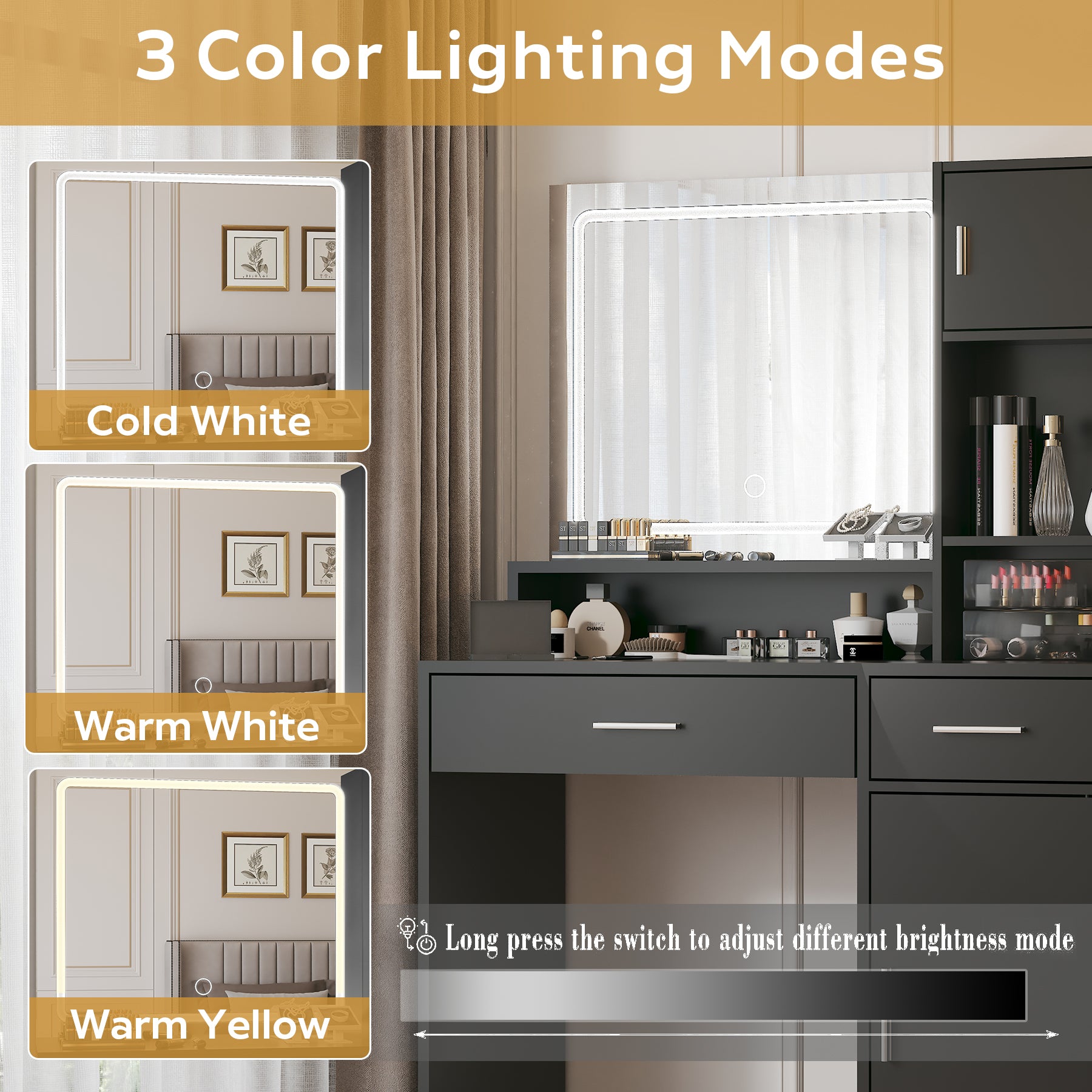 Vanity Desk with Mirror and LED Light Strip,Dressing Table with Large Drawer, 3 Level Storage Dresser & 3 Lighting Modes Adjustable Brightness, Suitable for Bedroom(Black) image 4
