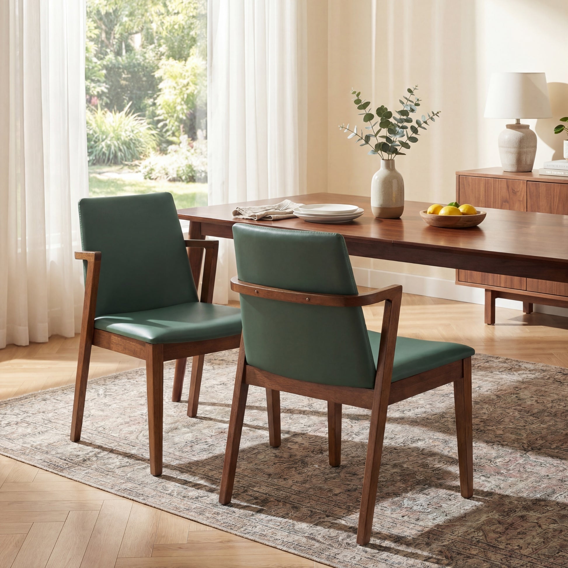 Mid-Century Modern Dining Chairs Set of 2 - Green PU Upholstered Armchairs with Walnut Color Rubber Wood Frame, 250lbs Capacity for Kitchen & Dining Room image 1