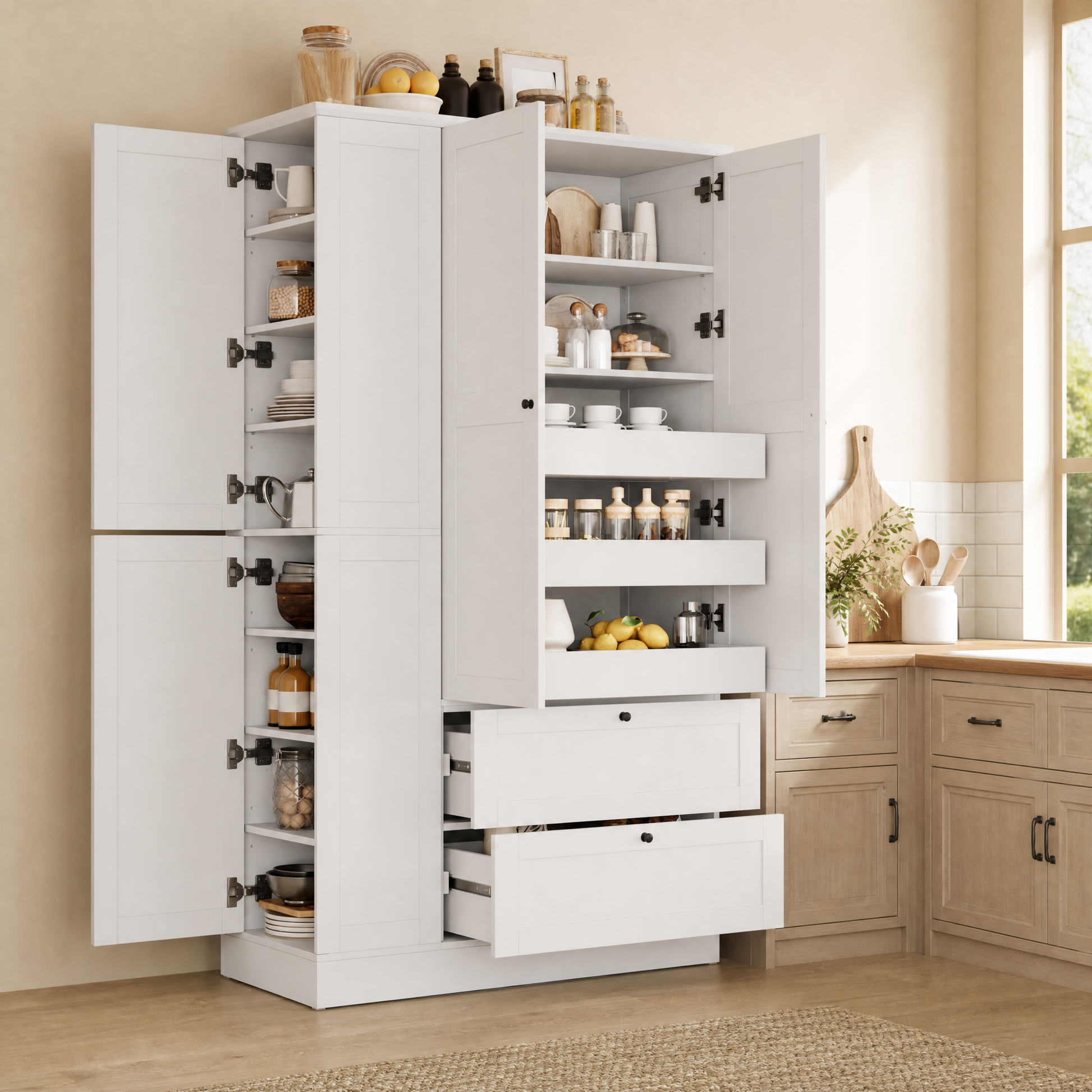 TOPMAX 73.6" Tall Farmhouse Kitchen Pantry Cabinet with 8 Shelves, 2 Drawers, 3 Pull-Out Trays, 4 Doors and Side Cabinets for Kitchen & Dining Room, White image 3