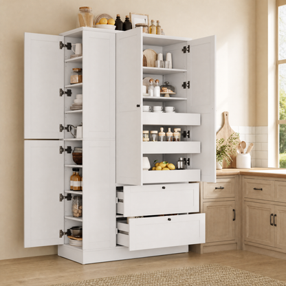 TOPMAX 73.6" Tall Farmhouse Kitchen Pantry Cabinet with 8 Shelves, 2 Drawers, 3 Pull-Out Trays, 4 Doors and Side Cabinets for Kitchen & Dining Room, White image 3