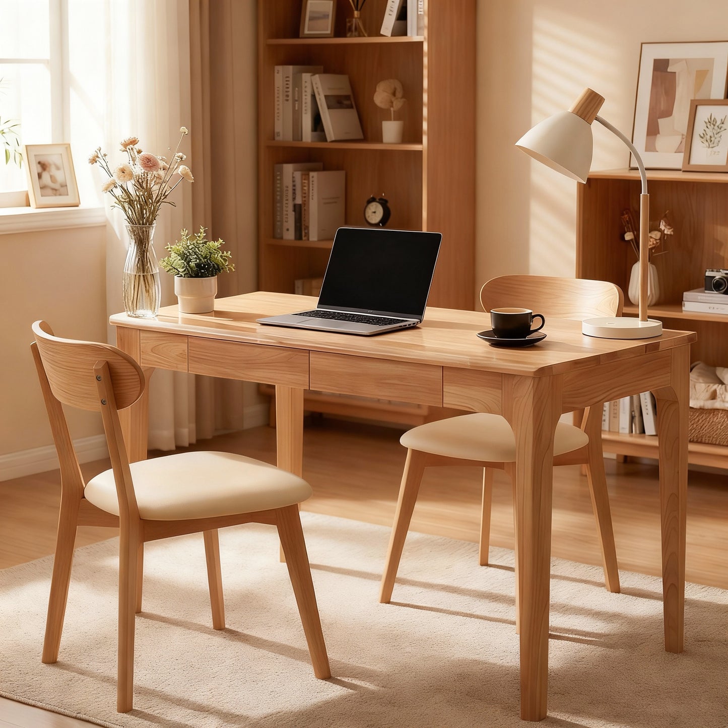 Solid Wood Desk with Drawers, Standing Desk with Smooth Edges, Home Office Desk for Small Spaces, Mid Century Modern Desk for Study, Bedroom, Living Room, Office, (Natural Wood Color) image 3